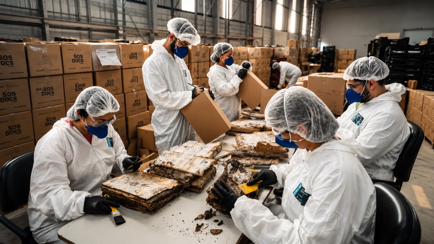 Equipe do Grupo SOS Docs, em EPIs, higienizando e restaurando documentos danificados do acervo da Polícia Rodoviária Federal, com caixas de arquivo ao fundo