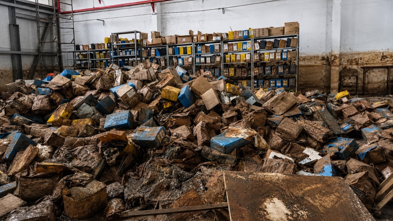 Caixas do acervo destruídas pela água e pela lama — maio de 2024