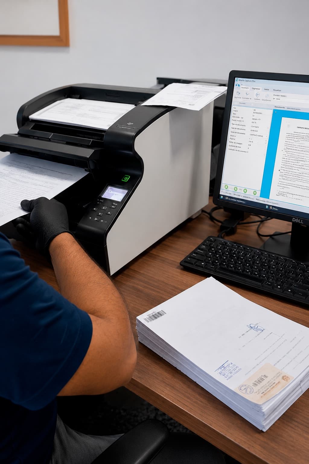 Scanner de produção da SOS Docs alimentando folhas com o software de captura aberto no monitor ao lado, e uma pilha de processos etiquetados com código de barras sobre a bancada