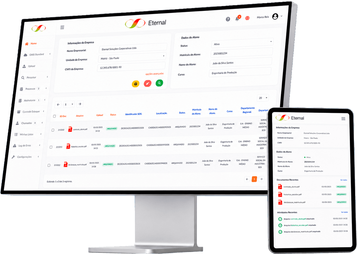 Eternal em um monitor e em um tablet, exibindo o painel de documentos arquivados